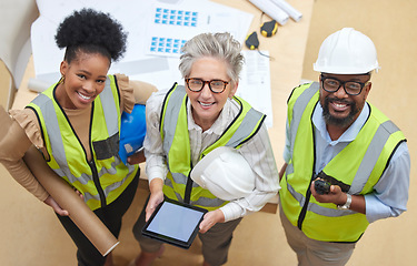 Image showing Tablet, teamwork or portrait of engineers with manager planning a construction for architecture. Top view, blueprint or happy black people with mature woman meeting together on a development project