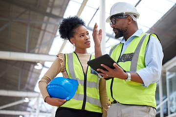 Image showing Construction, meeting and people with tablet for planning, property development and engineering design. Collaboration, teamwork and workers on digital tech in discussion for renovation ideas on site