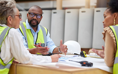 Image showing Construction meeting, planning and engineering people with blueprint teamwork, collaboration and ideas or questions. Project management, floor plan and manager, woman or group talking of architecture