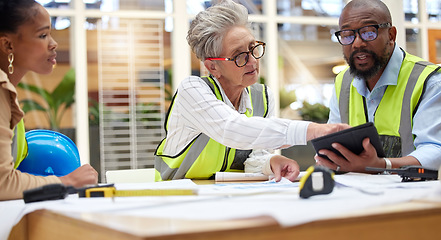 Image showing Construction meeting, tablet and engineering people with blueprint teamwork, collaboration and online progress. Project management, digital tech and manager, woman or group for architecture planning