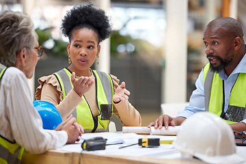 Image showing Office meeting, planning and engineering people in teamwork, collaboration and ideas for blueprint design. Project management, floor plan questions and manager, woman or group talking of architecture