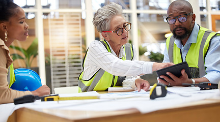 Image showing Meeting, tablet planning and engineering people with blueprint for teamwork, collaboration and online progress. Project management, digital tech and manager, woman or group with architecture design