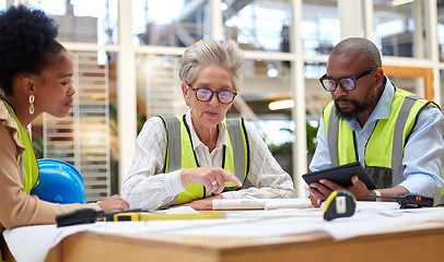 Image showing Blueprint, meeting or civil engineering team planning a building or construction architecture in office. Teamwork, collaboration or group of senior designers talking or speaking of floor plan ideas