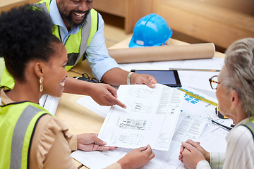 Image showing Blueprint, meeting or happy civil engineering team planning a building or construction architecture. Teamwork, collaboration or group of designers talking or speaking of floor plan idea in discussion