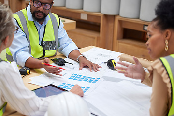 Image showing Meeting, documents and engineering people with blueprint in teamwork, collaboration and construction ideas. Project management, floor plan and manager, women or group with paperwork for architecture