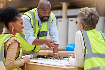Image showing Manager, meeting or civil engineering team planning a building or construction architecture. Teamwork, leadership or designers talking or speaking of floor plan idea in discussion or collaboration