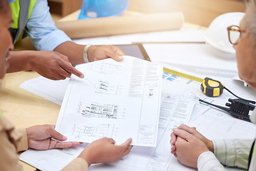 Image showing Floor plan, meeting or hands of civil engineering team planning a building or construction architecture. Teamwork, collaboration or group of designers talking or speaking of blueprint ideas