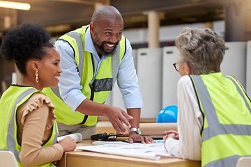 Image showing Manager, meeting or happy civil engineering team planning a building or construction architecture. Teamwork, leader or designers talking or speaking of floor plan idea in discussion or collaboration