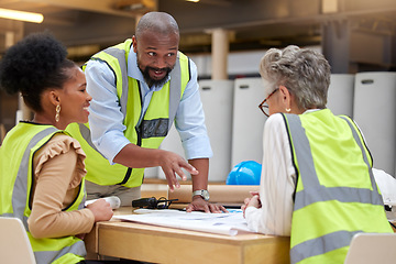 Image showing Construction planning, meeting and architecture people for blueprint teamwork, collaboration and design questions. Project management, floor plan and manager, woman or engineering or industry group