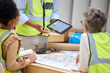 Image showing Tablet, screen and engineering people with blueprint proposal, collaboration and project management software. Digital floor plan, technology presentation and manager or woman with architecture design