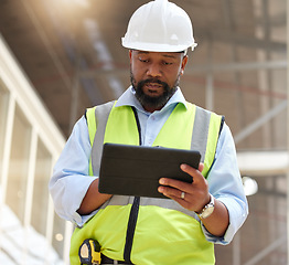 Image showing Tablet, engineering man and construction worker for online project management, building progress and floor plan. African person in architecture design on digital tech, renovation or industry software