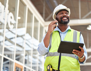 Image showing Phone call, black man and engineer with tablet for talking, planning and working on construction project. African architect, mobile technology and happy contractor on internet, email and thinking.