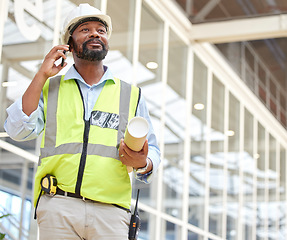 Image showing Phone call, black man and architect with blueprint, talking and planning to work on construction project. African engineer, mobile technology and contractor speaking, communication and discussion.