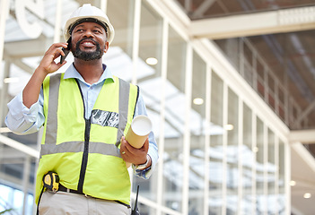 Image showing Architecture, black man or engineer on a phone call conversation for building construction. Blueprint, industrial or African designer in a discussion networking or speaking of engineering project