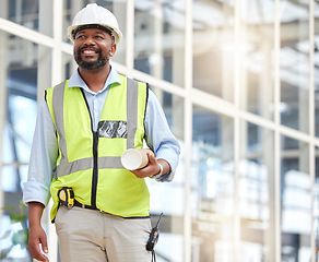 Image showing Black man, blueprint or construction manager walking in building site for project management. Engineering, contractor or designer thinking of floor plan for architecture, development and innovation