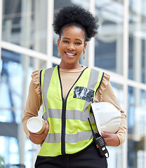 Image showing Black woman, blueprint or portrait of architect on construction site for project management. Engineering, confident or happy designer with floor plan for architecture, development or innovation