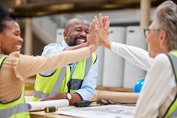 Image showing High five, meeting and architecture people with meeting success, blueprint collaboration and teamwork or support. Project management, floor plan and women, man or group hands together for engineering