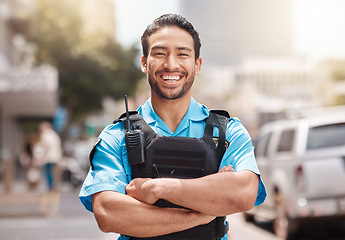 Image showing Security guard, safety officer and happy portrait of man outdoor to patrol, safeguard and watch. Professional Asian male on city street for crime prevention, law enforcement and service with a smile