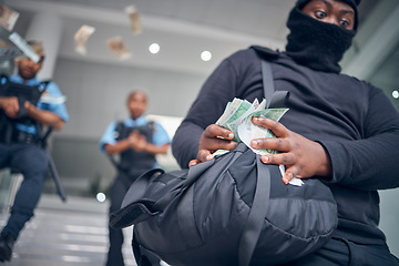 Image showing Bank, robbery and police running after criminal for justice, punishment and safety, serious and danger. Crime, corruption and man robber with stolen money running for security, law or financial loss