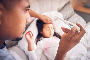 Image showing Thermometer, care and a man with a sick child for a fever, temperature check or virus. Nursing, house and a dad with a medical tool and a girl kid in the bed with a health problem or headache