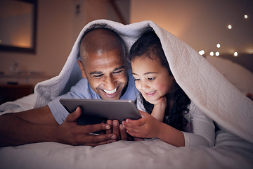 Image showing Father, kid and smile with tablet at night under blanket of online games, reading ebook or storytelling app. Happy dad, girl child or watch cartoon movie on digital tech, media or internet in bedroom