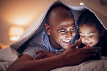 Image showing Happy father, child and tablet at night, bedroom or home for online games, reading ebook or storytelling with blanket. Excited dad, girl and streaming cartoon movie on digital tech, media or internet