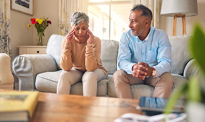 Image showing Senior couple, fight and divorce in stress, conflict or argument from disagreement on living room sofa at home. Elderly man and woman in depression, infertility or toxic relationship in the house