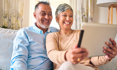 Image showing Senior couple, tablet and video call at home for communication, network connection or chat. Mature man and woman together with technology, social app and internet on a living room couch with a smile