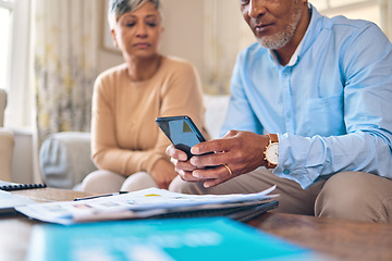 Image showing Retirement paperwork, admin and a couple with a phone for finances, bills or home insurance. Document, communication and a man and woman with a mobile for a banking app and report for budget