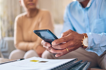 Image showing Paperwork hands, admin and a couple with a phone for finances, bills or home insurance. Document, closeup and a man and woman with a mobile for a banking app and report for budget or communication