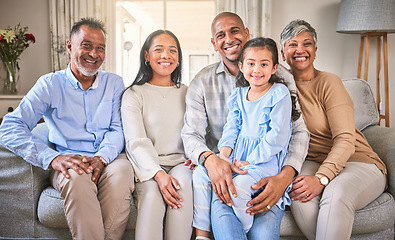 Image showing Big family, portrait and smile in home living room, bonding and having fun. Happy, grandparents and children, mother and father relax on sofa, love and enjoy quality time together on couch in house.