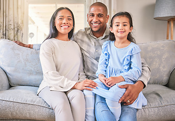 Image showing Family, portrait and happy on sofa in home living room, bonding and having fun. Care, parents and smile of child, mother and father with love, relax on couch and enjoy quality time together in house.