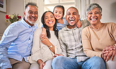 Image showing Big family, funny portrait and smile in home living room, bonding and laughing. Face, grandparents and happy children, mother and father relax, having fun and enjoying quality time together in house.