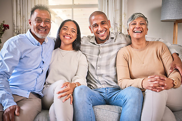 Image showing Funny portrait, big family and smile in home living room, bonding and laughing. Care, senior parents and happy man and woman relax on sofa, having fun and enjoying quality time together in house.