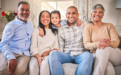 Image showing Big family, portrait and happy in home living room, bonding and having fun. Grandparents, smile and children, mother and father with love, relax on sofa and enjoying quality time together in house.