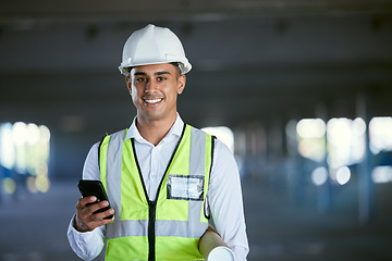 Image showing Architect, phone and portrait of happy man in warehouse with blueprint, networking and communication with plan. Engineering, cellphone and construction site with safety, planning and smile on face.
