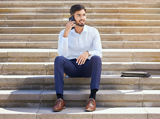 Image showing Business, stairs and man with a phone call, relax and lunch break with conversation, network and communication. Male person, consultant or agent with a cellphone, steps and connection with planning