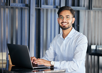 Image showing Portrait, business and man with a laptop, typing and connection with digital software, planning and network. Male person, employee and consultant with a pc, office and planning with data analysis