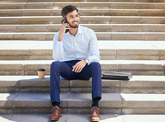 Image showing Business, stairs and man with a smile, phone call and relax on lunch break, conversation and network. Male person, consultant or agent with a smartphone, steps or connection with happiness or talking