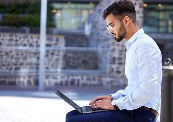 Image showing Entrepreneur, business and man with a laptop, outdoor and typing with connection, digital software and planning. Male person, employee and consultant with a pc, city and writer with a new project