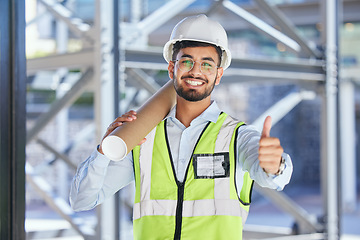 Image showing Architecture, thumbs up and portrait of happy man with blueprint at construction site, agreement and deal plan. Engineering, contractor and yes emoji to safety, thank you and planning with smile.