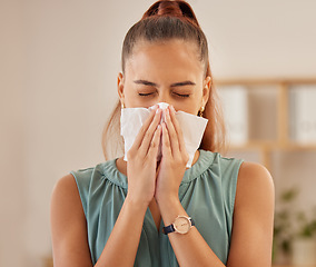 Image showing Business, virus and woman with a tissue, sneeze and infection with illness, overworked or sick. Female person, employee or consultant with safety in a workplace, toilet paper and burnout with allergy