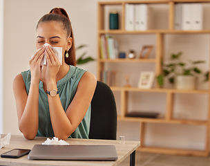 Image showing Business, sick and woman with a tissue, sneeze and infection with workaholic, overworked and flu. Female person, employee or consultant with safety in a workplace, toilet paper or virus with illness