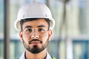 Image showing Architecture, serious and portrait of man on construction site for engineering, design and building. Labor, real estate and property with face of contractor for renovation, builder and maintenance