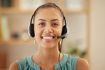 Image showing Portrait, telemarketing and woman with a smile, call center and ecommerce with customer service, contact us and consulting. Face, female person and agent with headphones, tech support and employee