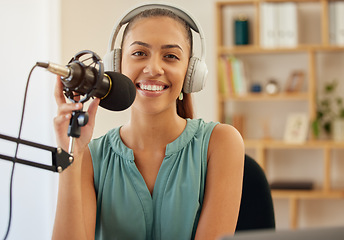 Image showing Microphone, headphones and portrait of happy woman on podcast or live stream, media broadcast on radio. Streaming, influencer or content creator with mic, smile and internet networking in home office