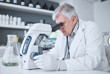 Image showing Medical, research or man with a microscope, laboratory or science with a breakthrough, review and check sample. Male person, researcher or scientist with lab equipment, studying particles or analysis