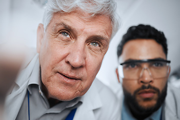 Image showing Medical inspection, team and men in a lab for research check, medicine analysis or science. Focus, faces and scientists doing analysis of healthcare innovation test or biotechnology job together