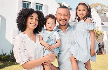 Image showing Father, mother or portrait of children in new home or real estate with a happy family with love or care. Dream house, excited or young kids with proud dad, mom or smile on property after relocation