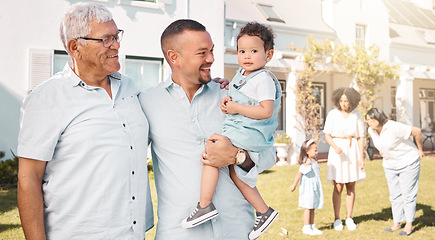 Image showing Father, grandma or portrait of child in new home or real estate with a happy family with love or care. House, garden or senior grandparent with a happy man or young boy kid with a smile on a property